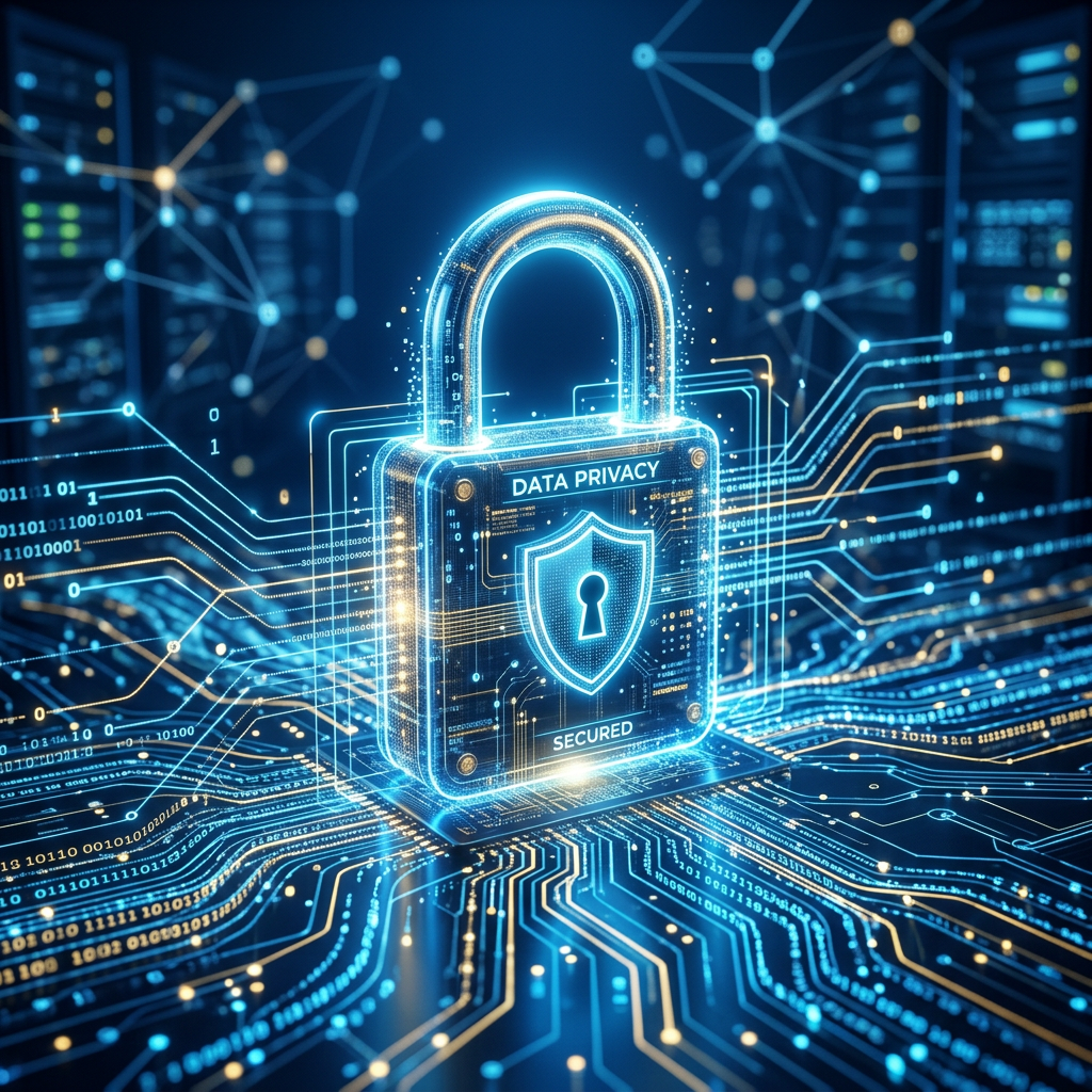 Digital padlock labeled data privacy secured on a circuit board with glowing data lines